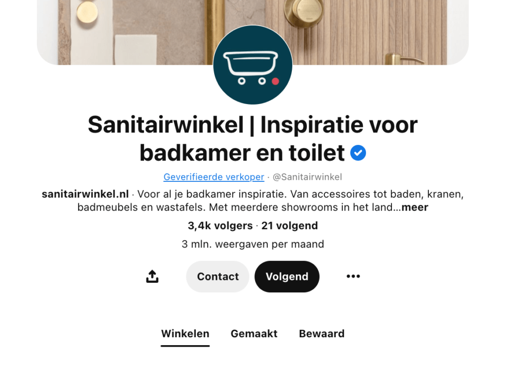 Sanitairwinkel groei op Pinterest. Organisch en met Advertising. Wordt een geverifieerde verkoper
