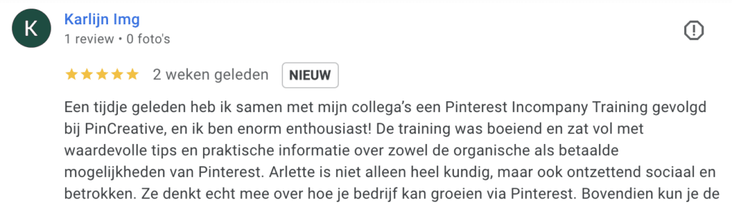 Karlijn Google Review en ervaring met PinCreative